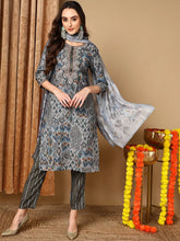 Women Grey Pure Cotton Ethnic Motifs Printed Kurta Trouser With Dupatta-VKSKD2048